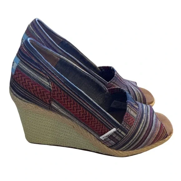 TOMS‎ Women's Espadrille Wedge Multi Stripe Peep Toe W5.5 - Picture 2 of 6